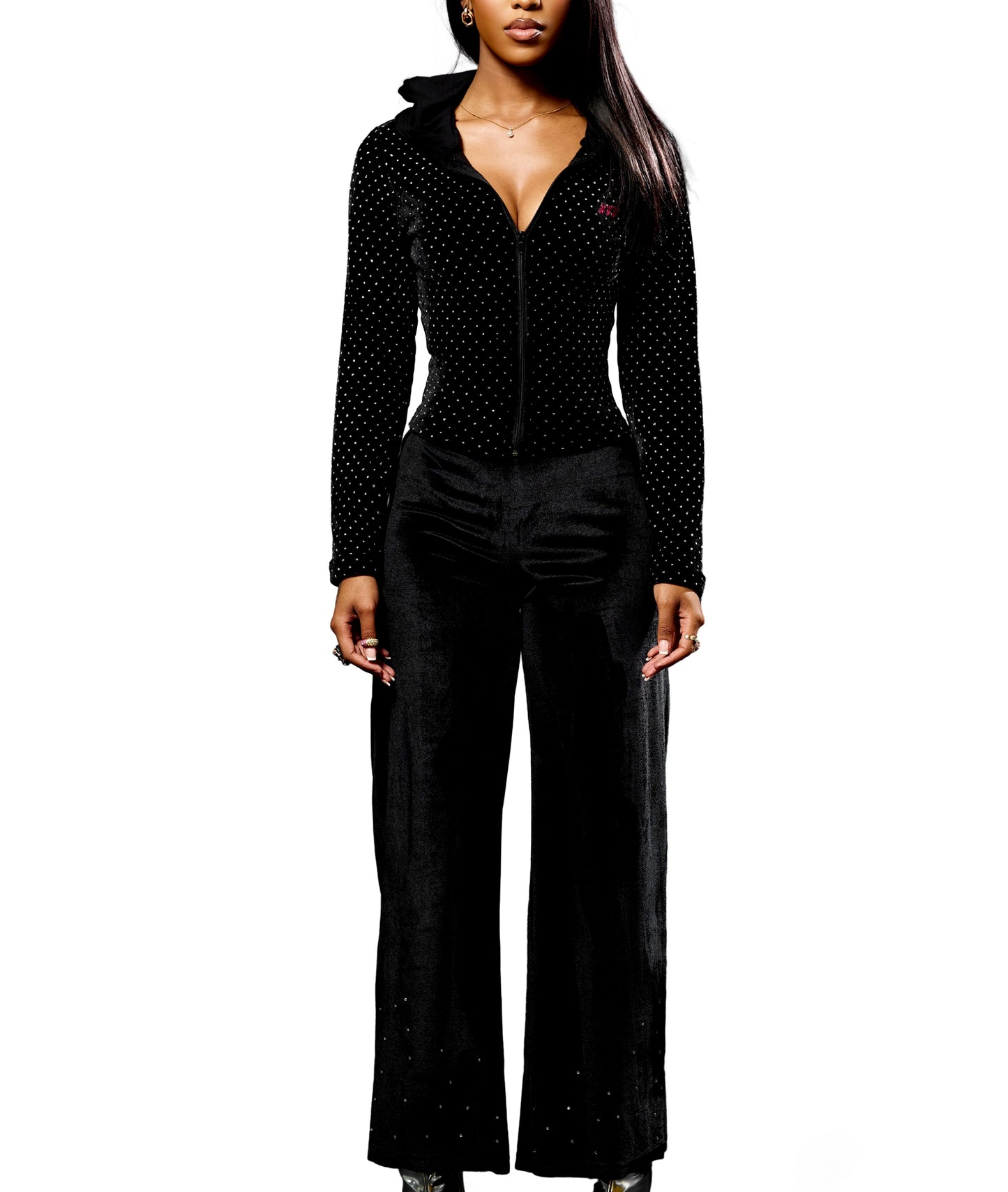 Black Velour Rhinestone Tracksuit Set