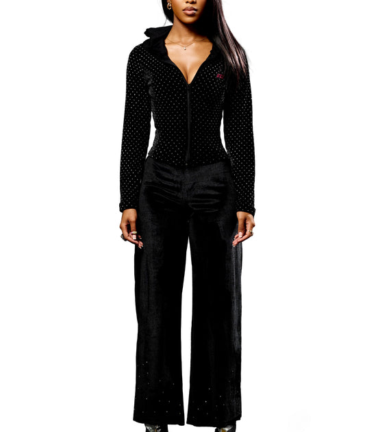 Black Velour Rhinestone Tracksuit Set